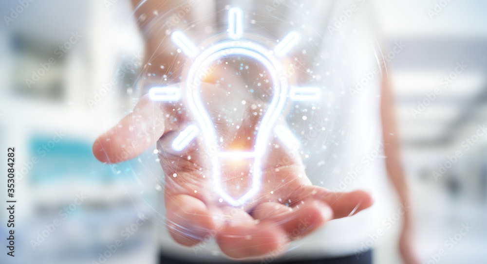 Fototapete man using lightbulb neon digital interface 3d rendering