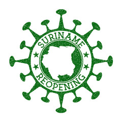 Suriname Reopening Stamp. Green round badge of country with map of Suriname. Country opening after lockdown. Vector illustration.