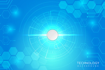 Blue technology background with various technological elements. The concept of innovative high-tech communications. Digital technology and engineering.