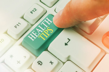 Conceptual hand writing showing Health Tips. Concept meaning advice or information given to be...