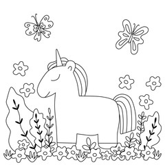 Children's coloring book with cute unicorn, flowers, butterflies. Simple shapes, contour for small children. Vector illustration of a square page.