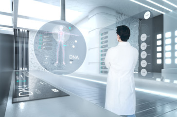 Scientist in futuristic laboratory investigating DNA genome and chromosome. Genetic biotech...