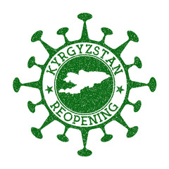 Kyrgyzstan Reopening Stamp. Green round badge of country with map of Kyrgyzstan. Country opening after lockdown. Vector illustration.