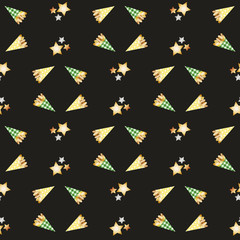 Roasted almond nuts in gingham bags vector seamless pattern background. Confectionery, festive trees, gold stars black backdrop. Geometric design for food or Christmas fair, farmers market concept