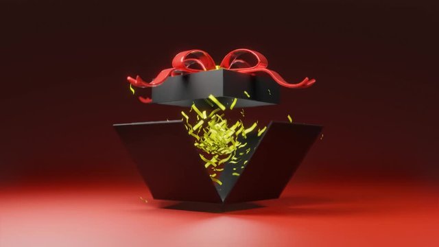 3d animation black gift box dropping to the red floor and explode gold ribbons outside, holiday sale, black Friday