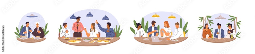 Aufkleber set of various diverse business team eating together vector flat illustration. collection of happy c