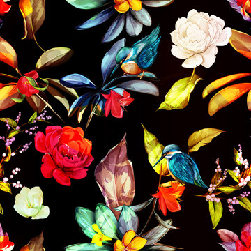Floral seamless background pattern. Birds (halcyon) with flower peony and topical leaves on black. Abstract colorful vintage hand drawn illustration. Vector - stock. © iMacron