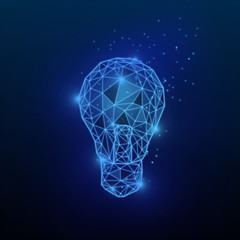 Creative business idea. Illustration with glowing polygonal light bulb on blue background