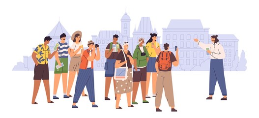 Female tour guide showing interesting places to group of tourist vector flat illustration. People admiring architecture cityscape isolated on white. Travel man and woman visit sightseeing of city - obrazy, fototapety, plakaty