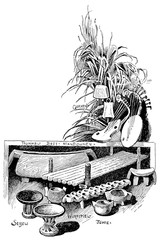 Housewares an ethnic group of North Central Africa - Azande (Niam-Niam). Illustration of the 19th century. White background.