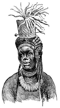 Portrait a woman of an ethnic group of North Central Africa - Azande (Niam-Niam). Illustration of the 19th century. White background.
