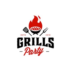 Vintage hipster Grill kettle Barbeque invitation party barbecue bbq with crossed fork spatula and fire flame Logo design