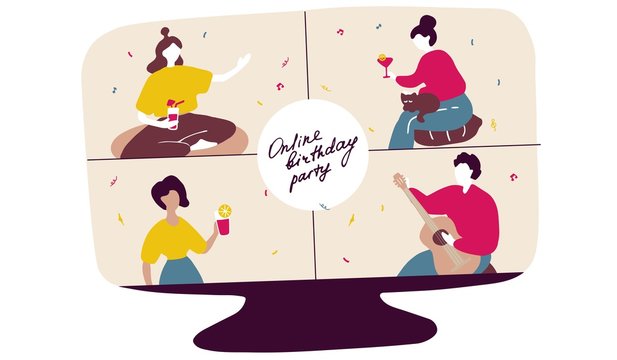 Family celebrates birthday online. Group of friends met in web mobile application to celebrate event. Online drinking party. Hand drawn flat vector graphic