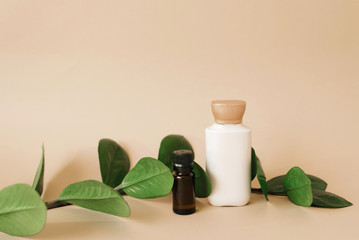 Cosmetic set of two bottles for layout packaging of cream and oil for skin care on a beige background with green leaves. The concept of an organic product of natural beauty.