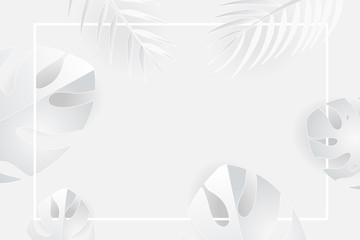 Tropical leaves with frame in white and gray shades, summer background, simplicity conceptual, vector image