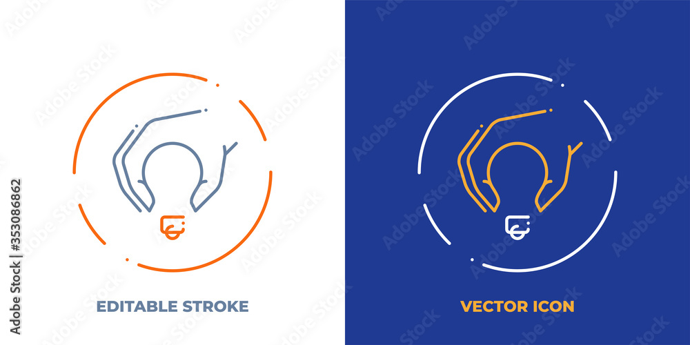Poster hand take lightbulb line art vector icon with editable stroke. outline symbol of idea. inspiration p