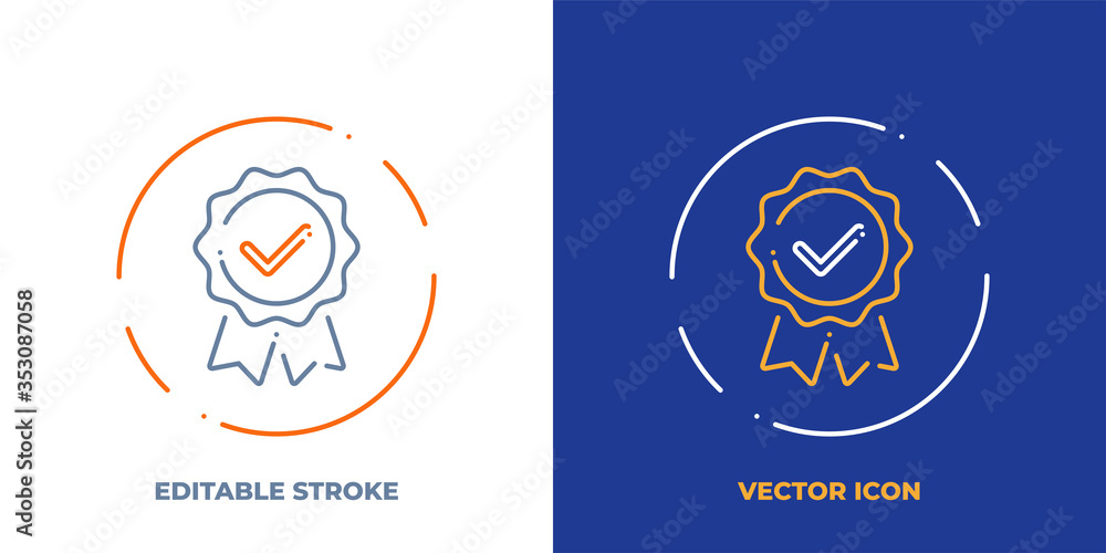 Poster guarantee line art vector icon with editable stroke. outline symbol of quality emblem with checkmark