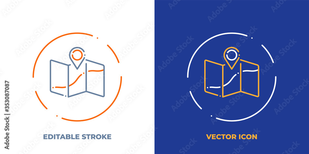 Poster map with location pin line art vector icon with editable stroke. outline symbol of travel route. nav