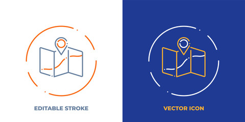 Map with location pin line art vector icon with editable stroke. Outline symbol of travel route. Navigation pictogram made of thin stroke. Isolated on background.