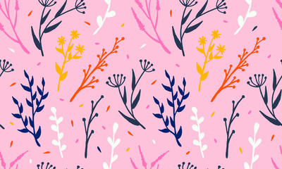 Hand drawn vector illustration of wildflowers. Seamless pattern with doodle floral elements. Spring and summer symbol. Contour otline drawing of simple black twig