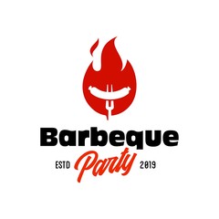 Vintage hipster Grill Barbeque sausage party invitation barbecue bbq with fork and fire flame icon Logo badge design