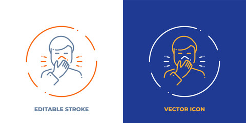 Man coughing in tissue line art vector icon with editable stroke. Outline symbol of allergy. Virus protection pictogram made of thin stroke. Isolated on background.