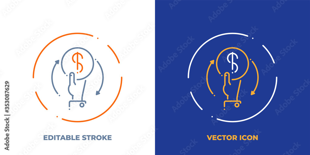 Poster hand with coin line art vector icon with editable stroke. outline symbol of payment. investment pict