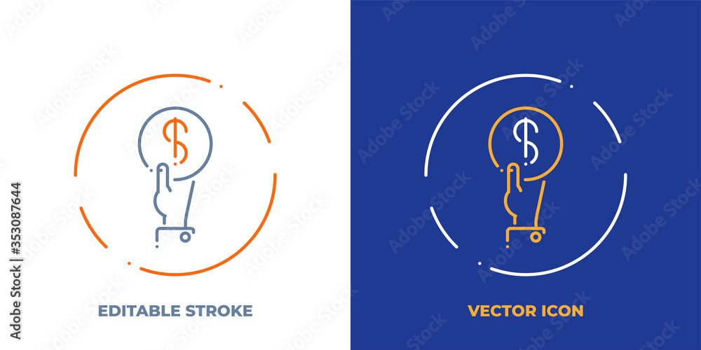 Poster hand with coin line art vector icon with editable stroke. outline symbol of payment. investment pict