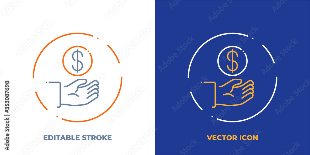 Poster hand with coin line art vector icon with editable stroke. outline symbol of payment. investment pict