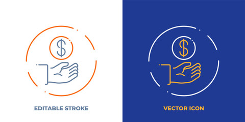 Hand with coin line art vector icon with editable stroke. Outline symbol of payment. Investment pictogram made of thin stroke. Isolated on background.