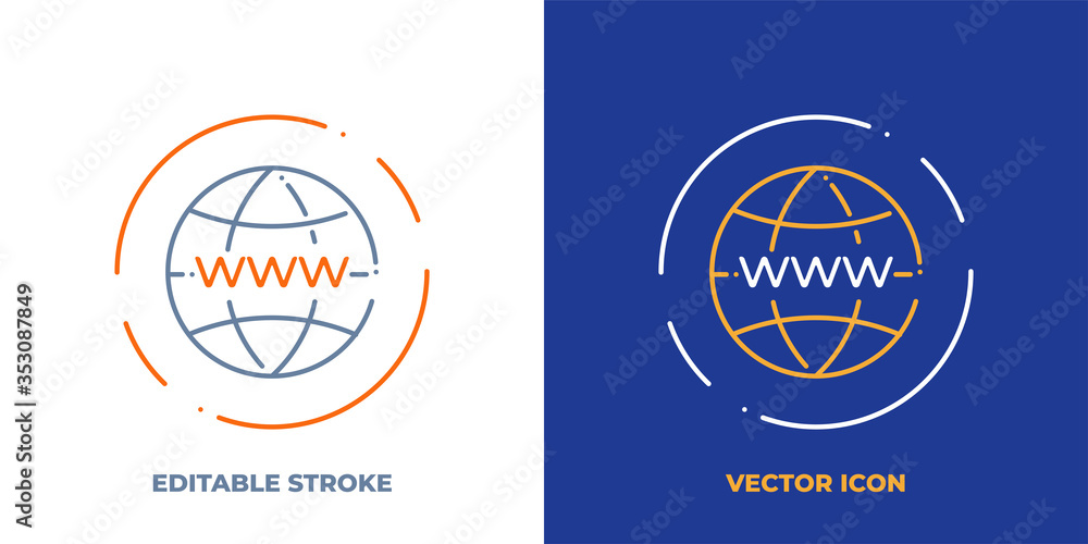 Poster globe with www on it line art vector icon with editable stroke. outline symbol of internet. network 