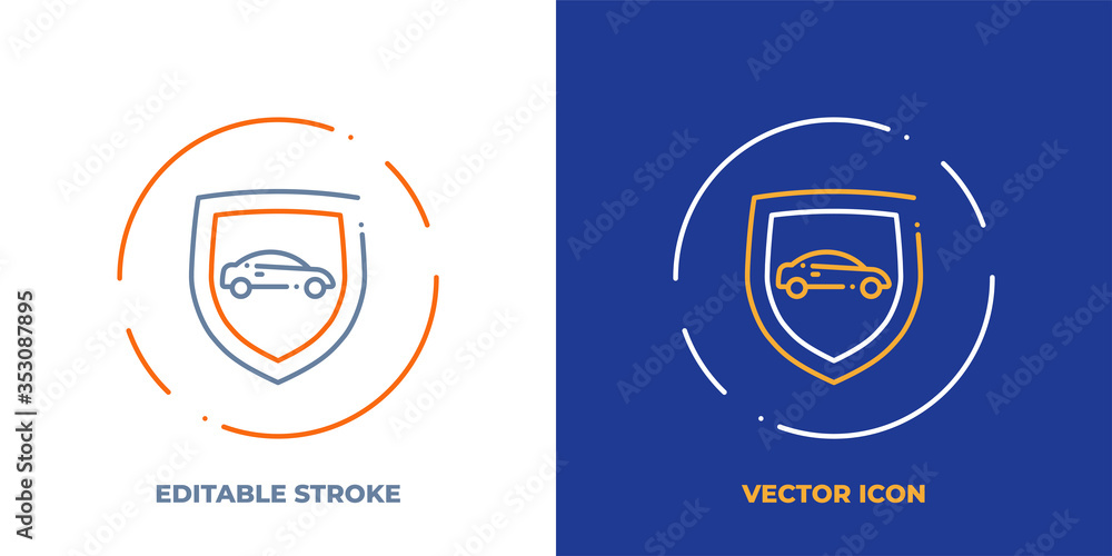 Poster car on shield line art vector icon with editable stroke. outline symbol of vehicle protection. secur