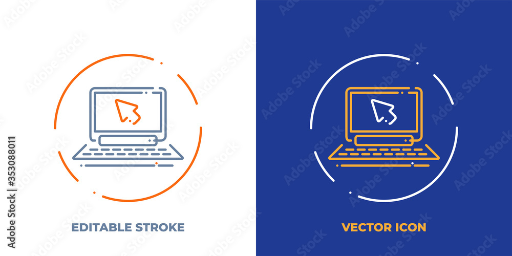 Poster laptop with mouse cursor line art vector icon with editable stroke. outline symbol of notebook. acti