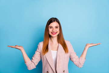 Portrait of positive confident girl promoter hold hand display ads promo advise decide choose...