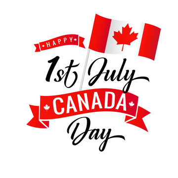 Canada Day 1st July vector Illustration. Happy Canada Day holiday Invitation design. Flag with red maple leaf Isolated on a white background. Greeting card with hand drawn calligraphy lettering