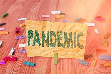 Conceptual hand writing showing Pandemic. Concept meaning occurring over a wide area affecting high...