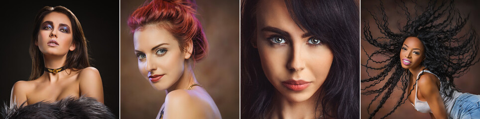 Collection - hair woman. Beautiful brunette, blonde and red hairstyle fashion portrait over dark background