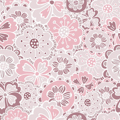 Hand drawn seamless pattern of blooming flowers, leaves with patterns. Spring floral set elements. Colorful doodle sketch illustration for design card, invitation, wallpaper, wrapping paper, fabric