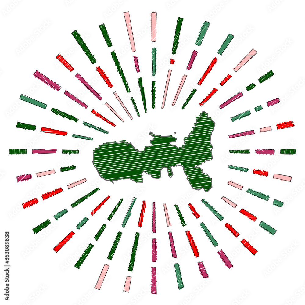 Poster sketch map of elba. sunburst around the island in flag colors. hand drawn elba shape with sun rays o