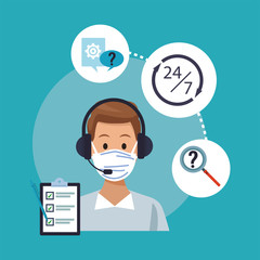 call center support male worker wearing medical mask
