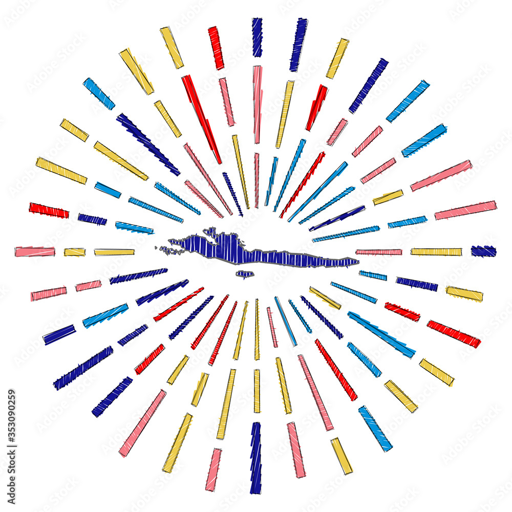 Poster Sketch map of Hvar and Dalmatian Islands. Sunburst around the island in flag colors. Hand drawn Hvar and Dalmatian Islands shape with sun rays on white background. Vector illustration.