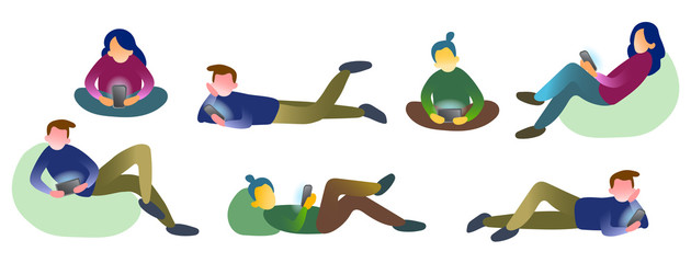 Colour set of people with smartphones. Isolated vector illustration of characters with smartphones. Collection of people holding gadgets and send mail. Human with devices send message.