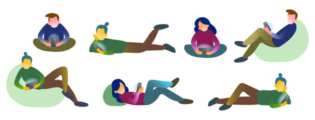 Colour set of people with smartphones. Isolated vector illustration of characters with smartphones. Collection of people holding gadgets and send mail. Human with devices send message.