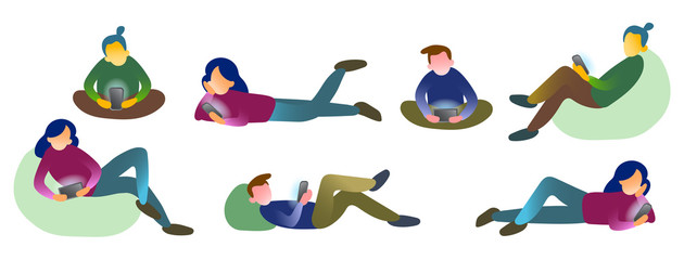 Colour set of people with smartphones. Isolated vector illustration of characters with smartphones. Collection of people holding gadgets and send mail. Human with devices send message.