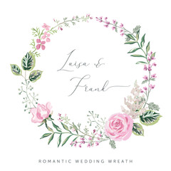 Wreath of pink rose flowers, forest green leaves, herbs, white background. Wedding invitation round floral frame. Vector illustration. Summer nature. Design template greeting card with text