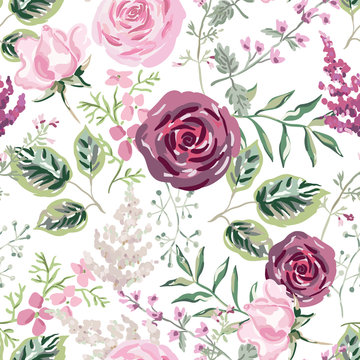 Pink, burgundy rose flowers, green leaves, herbs, white background. Floral illustration. Vector seamless pattern. Botanical design. Nature summer plants. Romantic wedding
