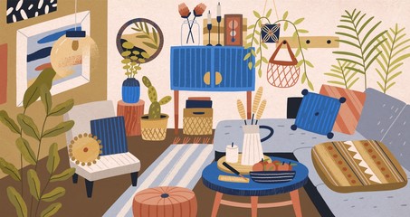 Modern domestic interior of living room vector graphic illustration. Comfortable couch with pillow, armchair, coffee table and houseplant. Cosiness cartoon apartment design