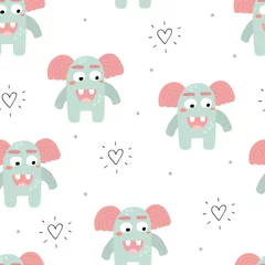 Wall murals Monsters Funny monsters. Lovely seamless pattern for children designs. Sweet smiling creatures in bright colors in vector. Awesome childish background