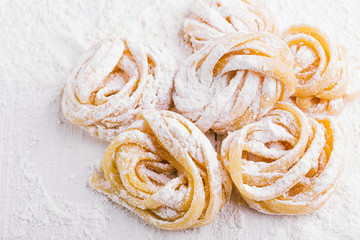 pasta with pasta ingredients on the dark wooden table top view