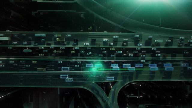 Digital presentation of the autonomous cars self-driving concept on multi-level highway of the big city. View from above to the road with heavy traffic and highlighted driverless cars.